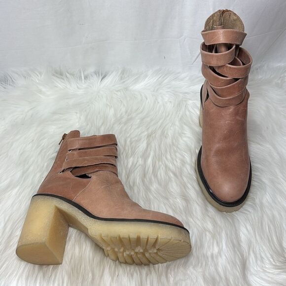 Free People Jesse NWOT English Tan Leather Cutout Platform Boots Sz 38.5/US 8 - Picture 2 of 7